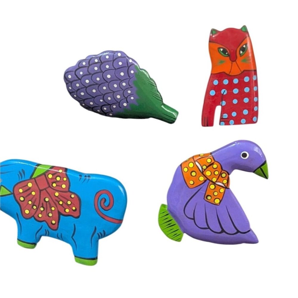 Vintage Hand‎ Painted Wooden Napkin Rings Colorful Animal Lot of 4 Folk Art
